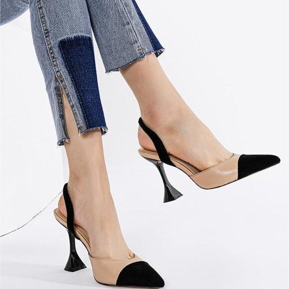 Women's Faux Suede Slingback Pumps Patchwork Heels Slip On Dress Shoes - Picture 2 of 7